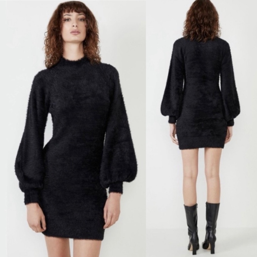 Bardot S Solid Black Balloon Sleeve Fuzzy Mock Neck Mini Dress